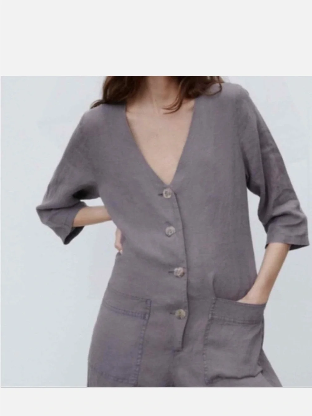 Zara Gray Button Front V-Neck Linen Jumpsuit